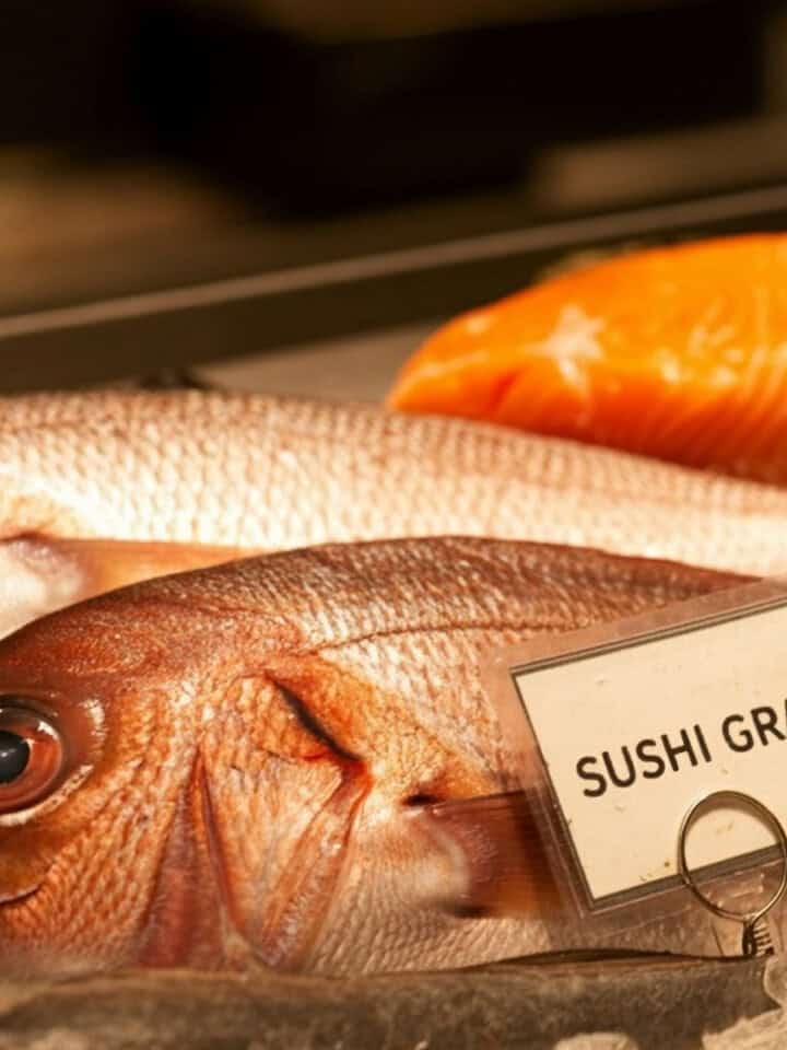 fish on ice with sushi grade label