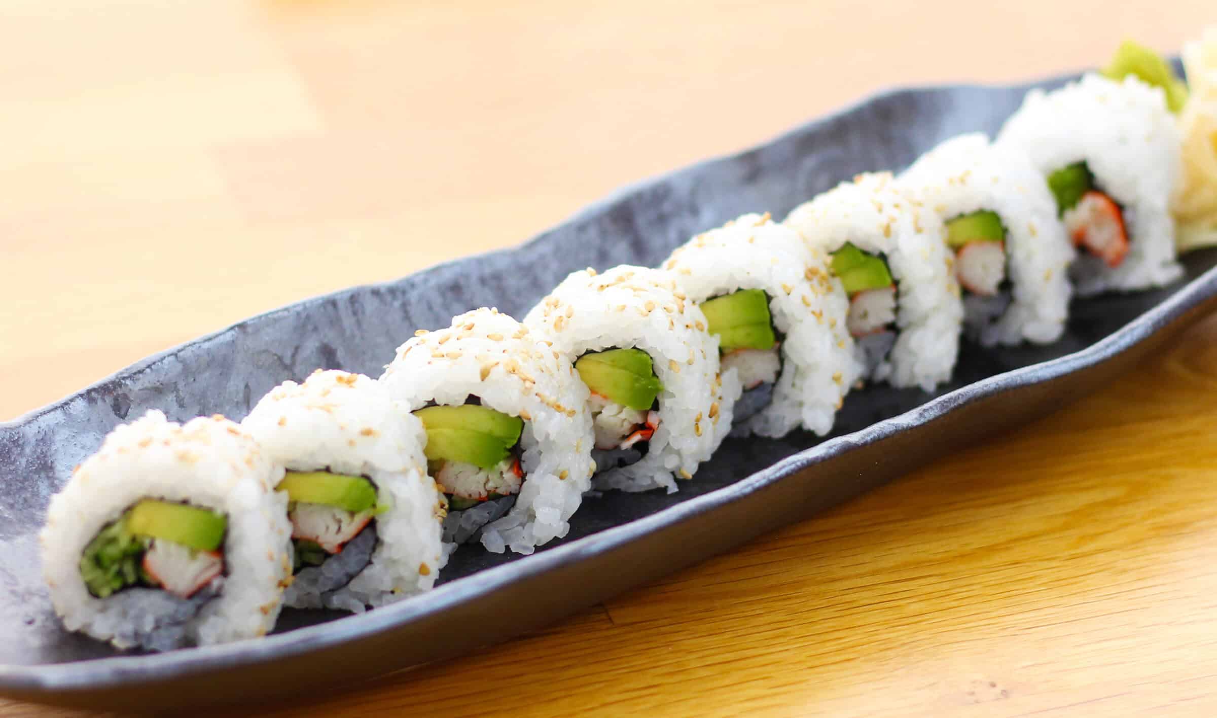 Close up of a finished California roll sushi