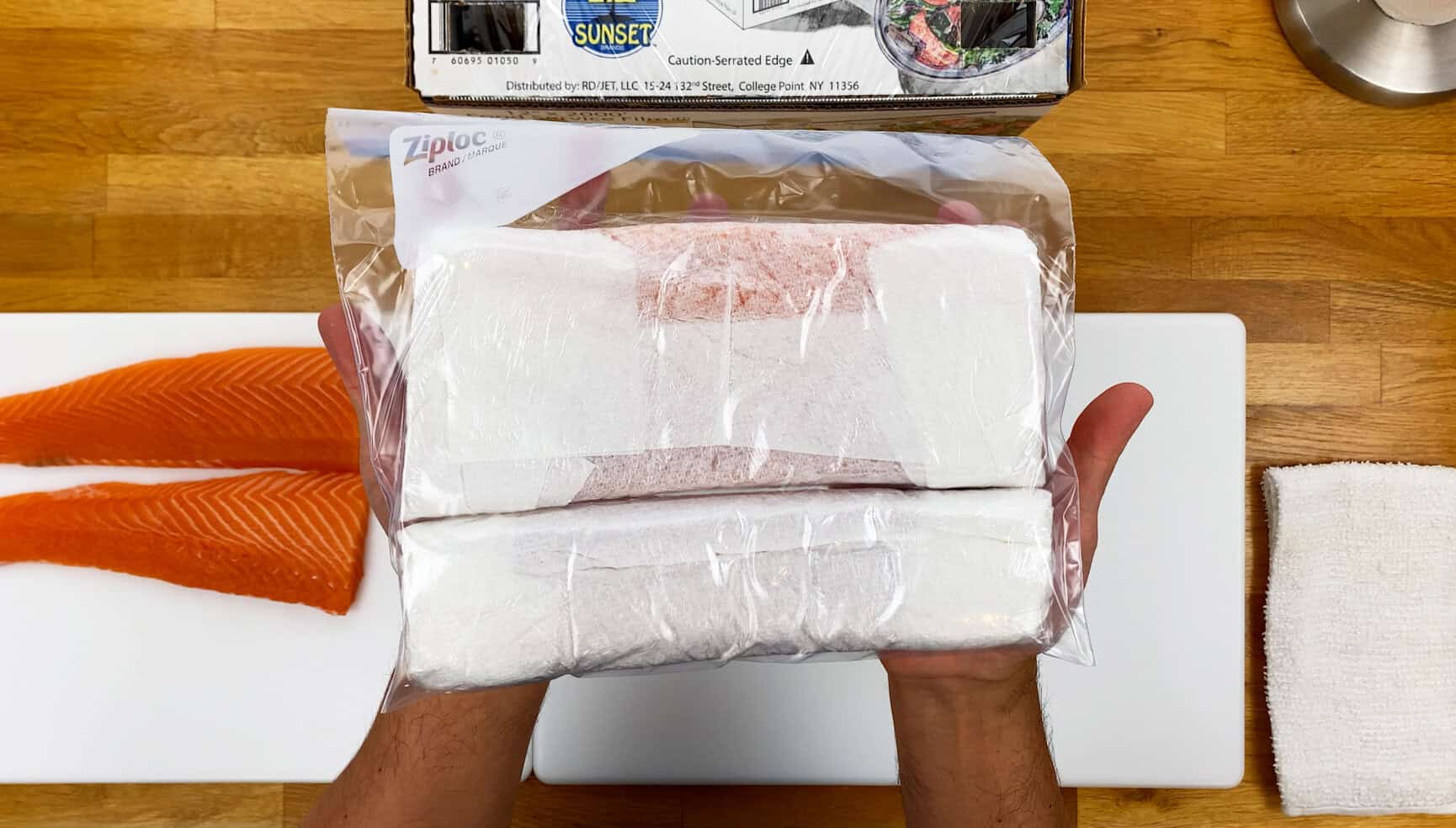 Costco salmon prepared for sushi ready to be frozen