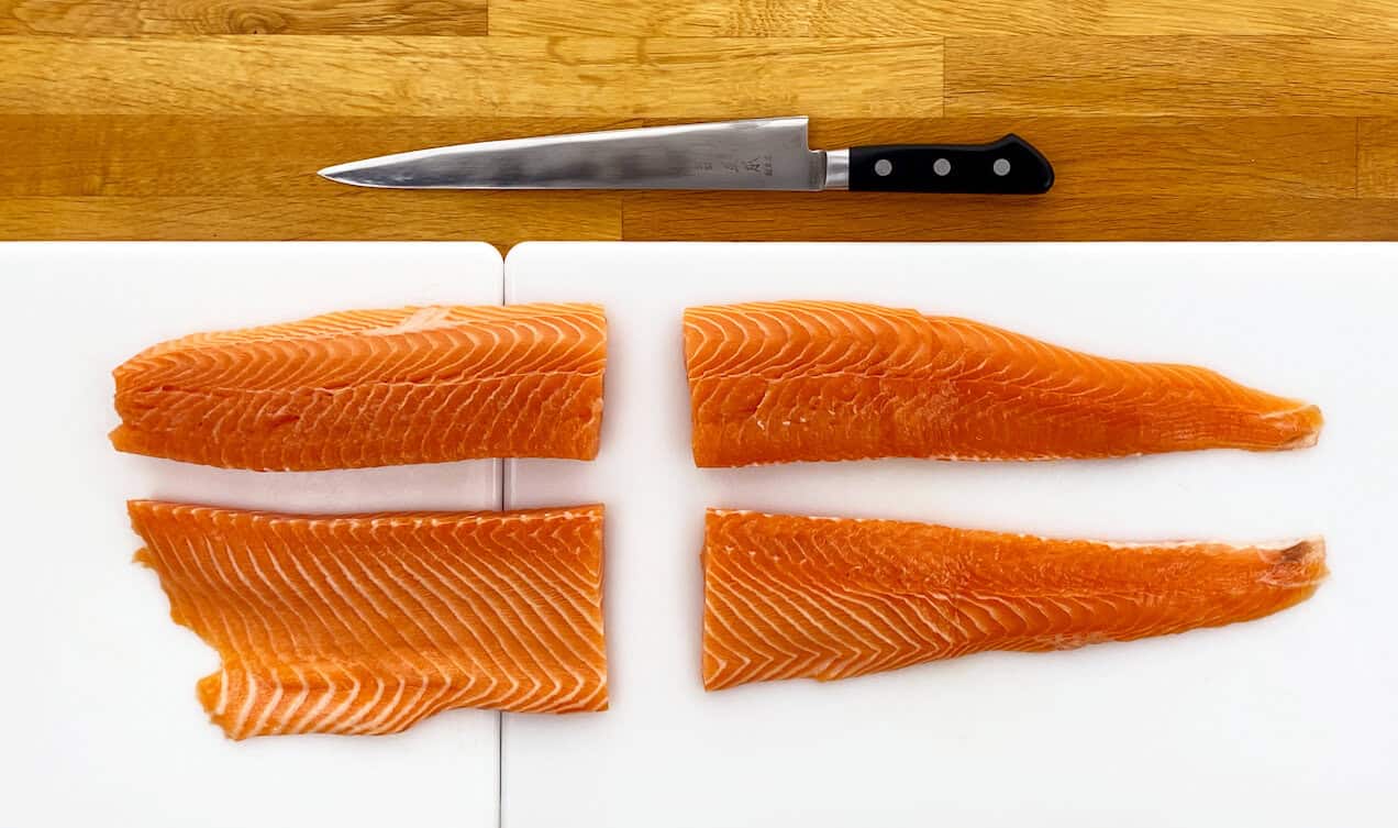 Costco salmon cut into portions