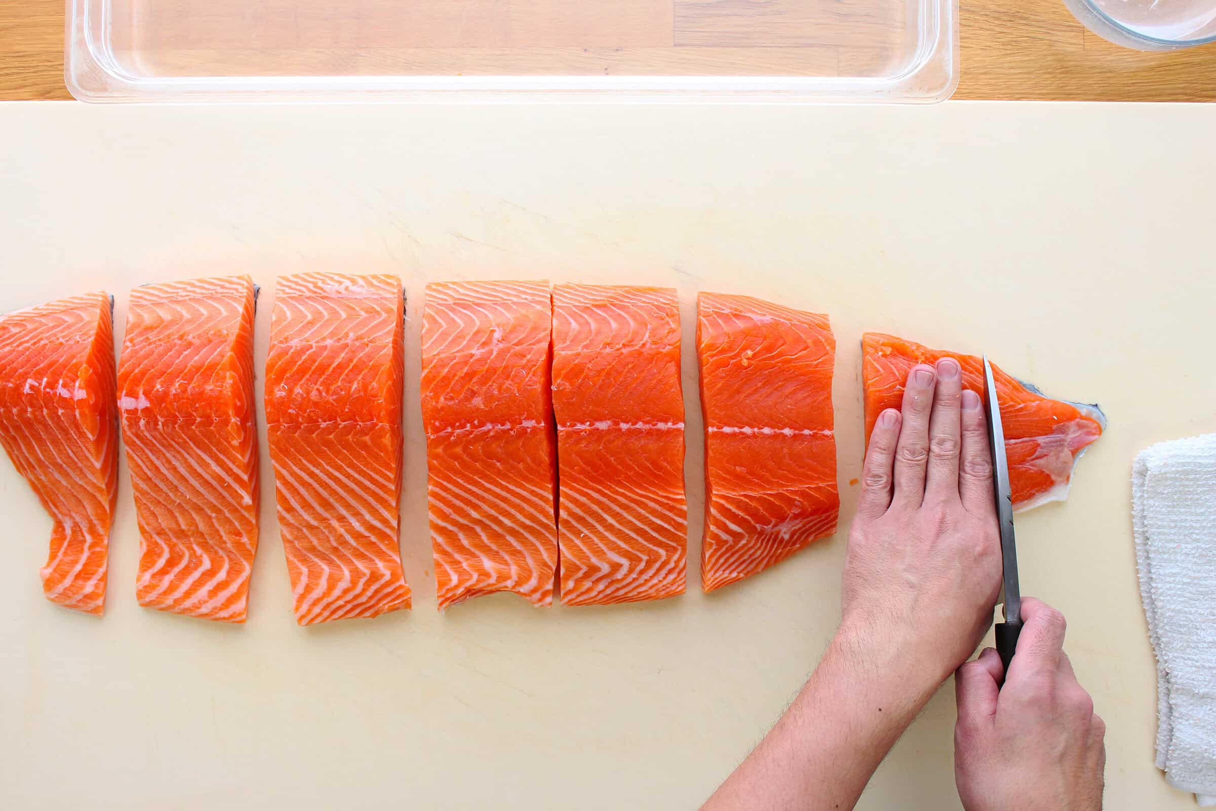 Salmon cut crosswise into portions