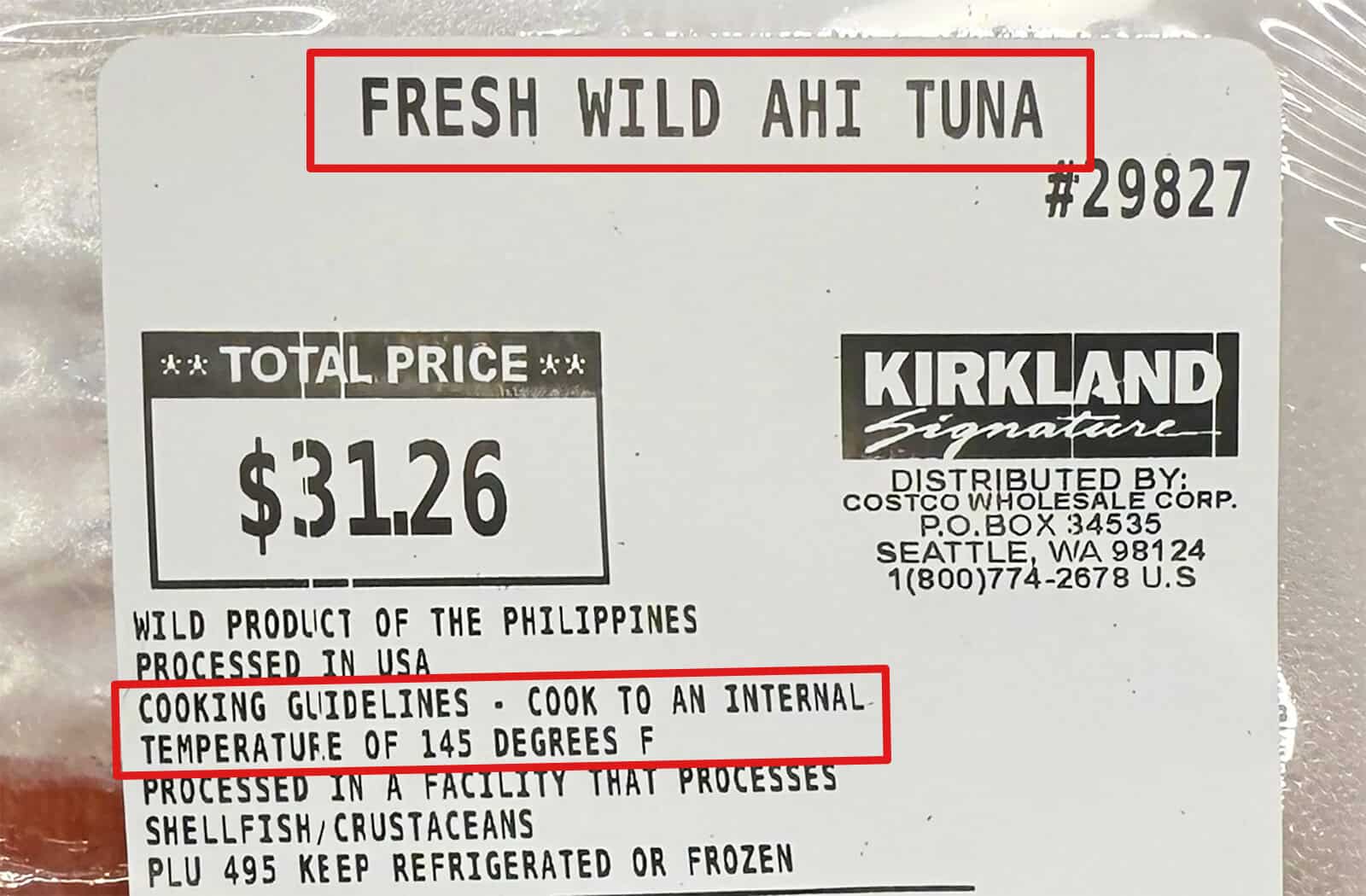 Costco ahi tuna label closeup