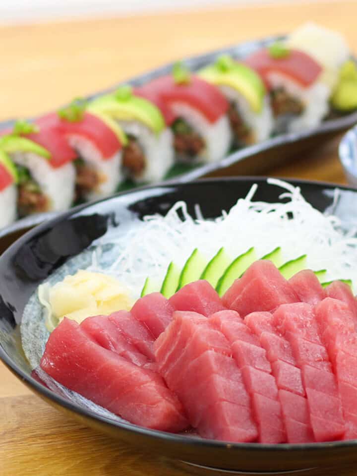 Costco tuna sashimi and sushi closeup