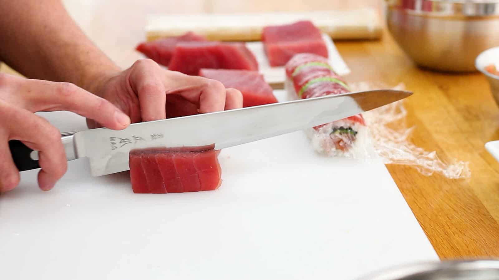 Cutting Costco tuna into sashimi