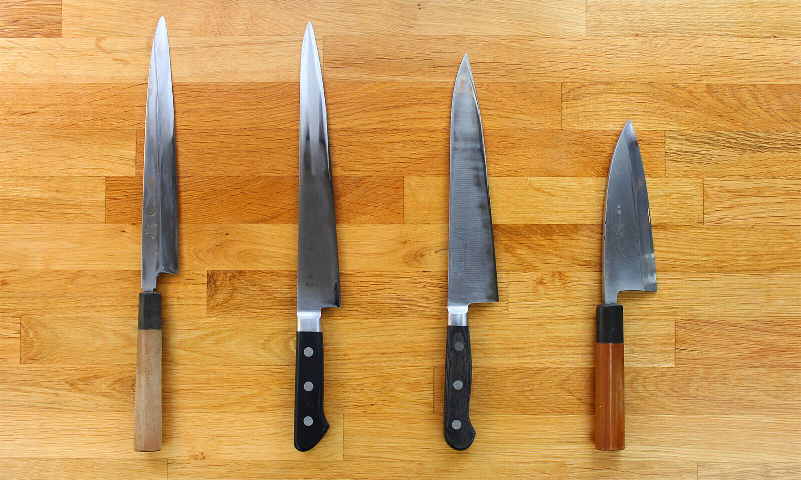 Yanagiba, sujihiki, gyuto, and deba Japanese knives used for sushi