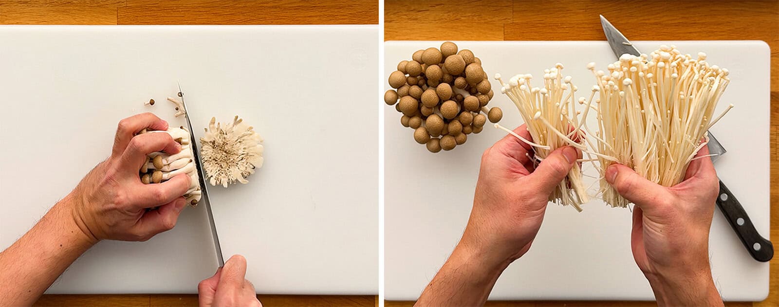 Enoki and shimeji mushrooms being trimmed and separated into smaller clusters for shabu shabu.