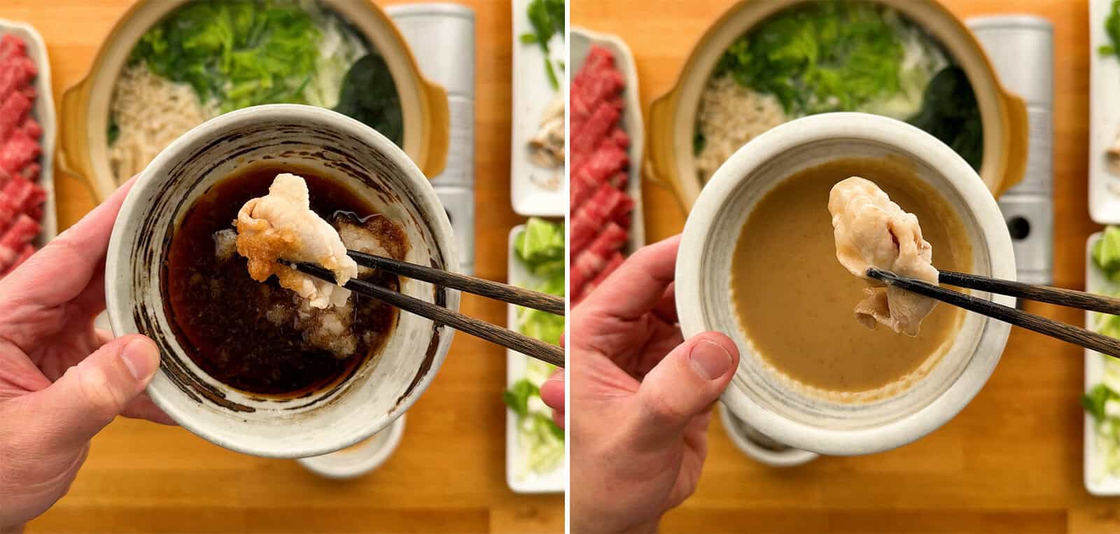 Cooked shabu shabu pork dipped into ponzu with grated daikon on the left and creamy gomadare sesame sauce on the right.
